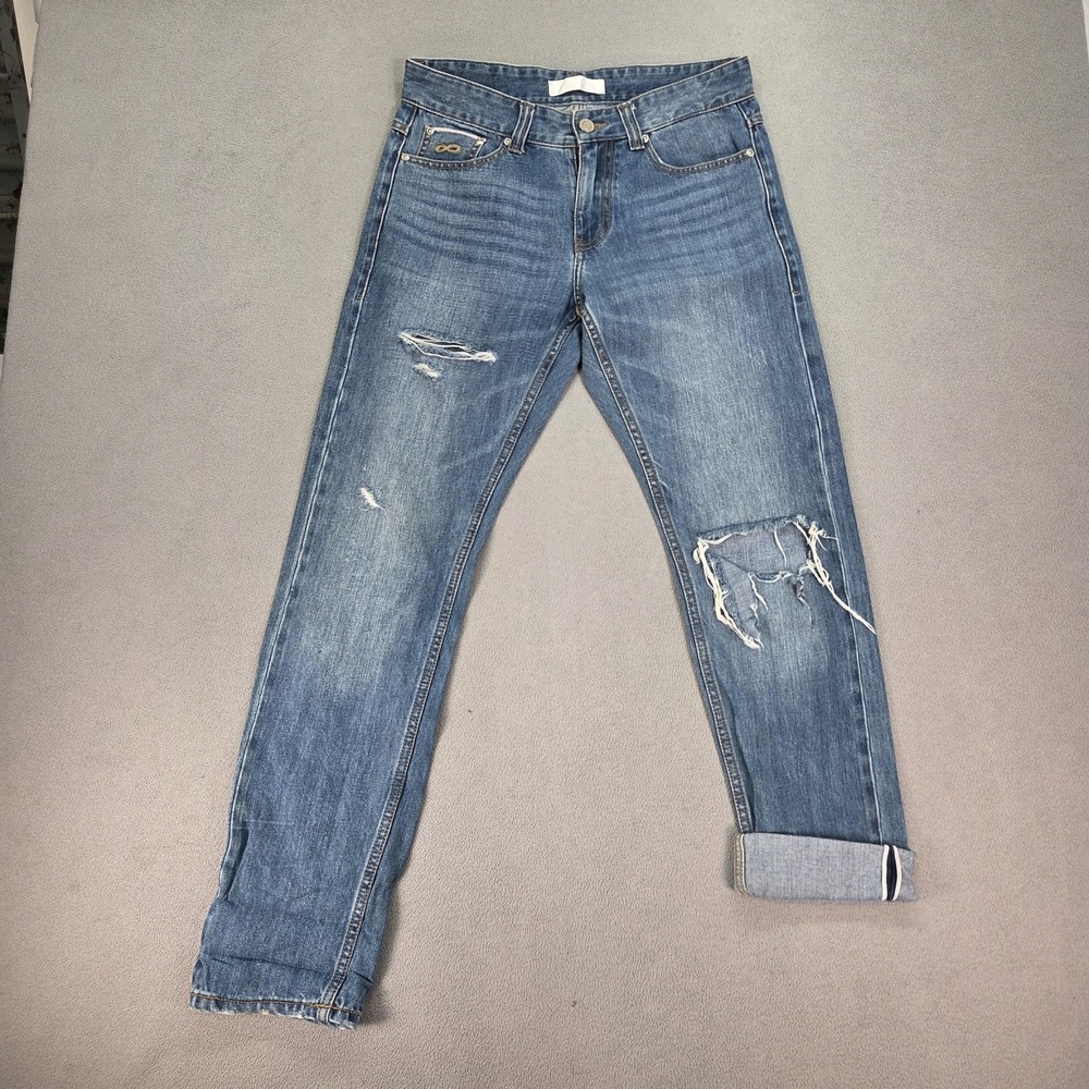 PLAC Jeans Mens Blue Selvedge Slim Straight Destroyed Denim‎ Pants Fits 30x30